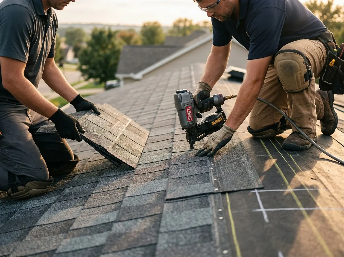 Professional roofer working on a residential roof in Pueblo West